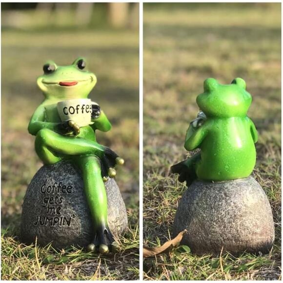Frog Statue for Garden, Drinking Coffee Green Frog Figurine for Outdoor Decor - Picture 3 of 7